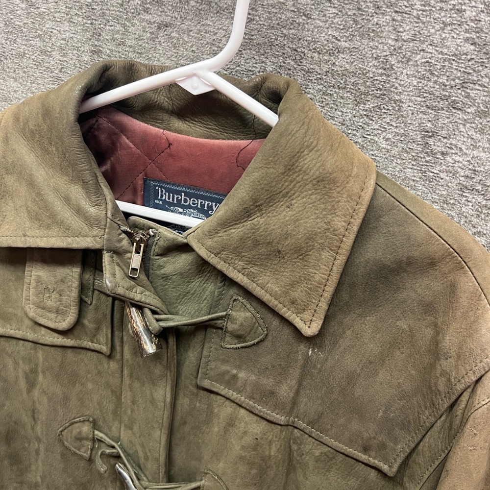 Vintage Burberry Suede Leather Duffle Toggle Coat Olive Green Jacket Womens - Picture 3 of 16